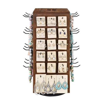 MOOCA Rotating Wooden Jewelry Display with 48 Hooks, Brown | Four-sided rotating wood pegboard with 48 removable hooks and lidded inner storage displays jewelry and accessories. - color: Brown, Square