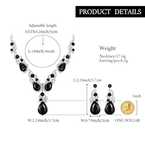 Women's Wedding Bridal Crystal Multi Teardrop Cluster Statement Necklace Dangle Earrings Set - color: 05-Black Silver-Tone