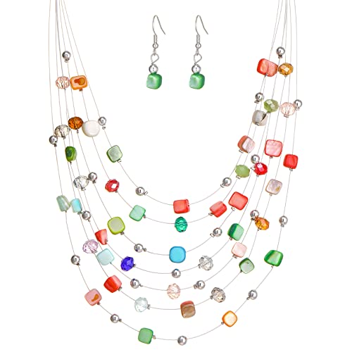 Multi-Layer Boho Shell Beaded Necklace for Women Colorful Crystal Strand with Silver Beads Statement Collars Necklace and Earrings Costumes Jewelry Sets for Women - color: Colorfol