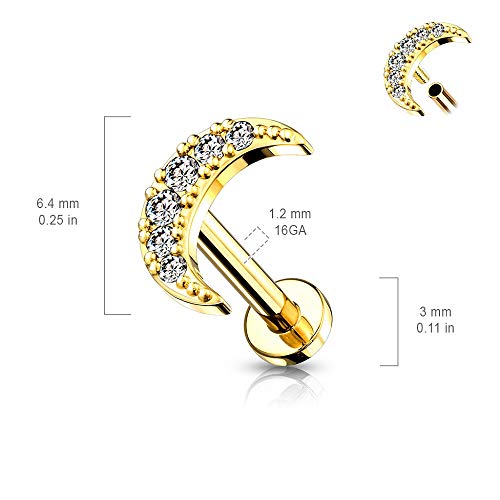 Pierced Owl - 16GA Stainless Steel Internally Threaded Crystal Paved Crescent Moon Top Flat Back Lip Cartilage Tragus Stud
