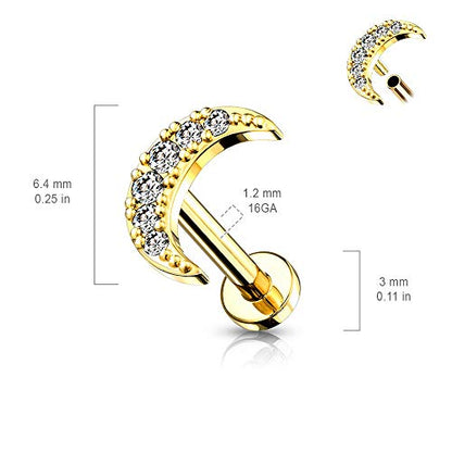 Pierced Owl - 16GA Stainless Steel Internally Threaded Crystal Paved Crescent Moon Top Flat Back Lip Cartilage Tragus Stud