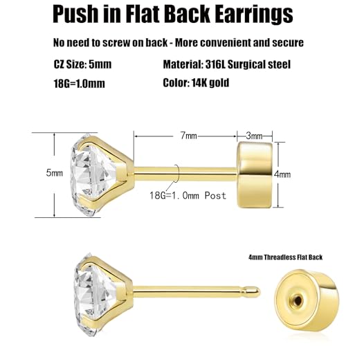 Threadless Flat Back Earrings, Hypoallergenic 14K Real Gold Plated CZ Stud Earrings | Cartilage Earring | Tragus Helix Piercing Jewelry | Push in Flatback Earrings for Women Men - color: 14K Gold, size: 5 Millimeters