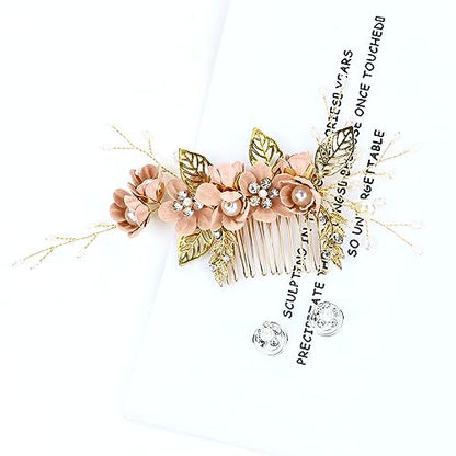 Cinaci 18 Pieces Bridal Wedding Party Prom Pearl Rhinestone Pink Flower Hair Side Combs Slides+U-shaped Flower Hair Pins+Twist Spiral Hairpins Floral Headpieces for Brides Bridesmaids Women Girls - color: Pink