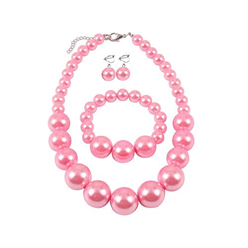 Bridal Wedding Faux Pearl Statement Necklace and Clip on Earrings Bracelet Jewelry Sets Women Bib Choker Necklace - color: Pink-Necklace+Bracelet+Clip Earrings