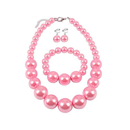 Bridal Wedding Faux Pearl Statement Necklace and Clip on Earrings Bracelet Jewelry Sets Women Bib Choker Necklace - color: Pink-Necklace+Bracelet+Clip Earrings