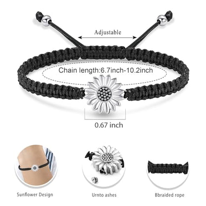 Sunflower Cremation Urn Bracelet for Adjustable Boho Daisy Handmade Cremation Jewelry Braided Rope Bracelets for Women Jewelry Gift With Funnel Kit & Bag - color: Silver+Black