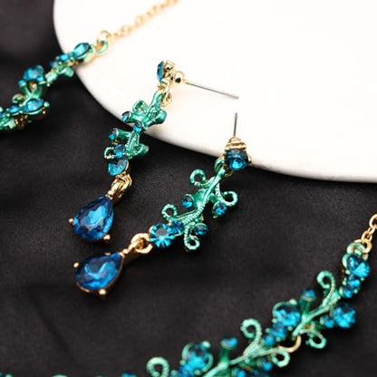 3Pcs Austrian Crystal Jewelry Set for Women, Necklace Dangle Earrings Link Bracelet Jewelry Set with Gold/Platinum/Gun Plated, Wedding Party Jewelry for Bridal Bridesmaid - color: Blue-Gold Plated