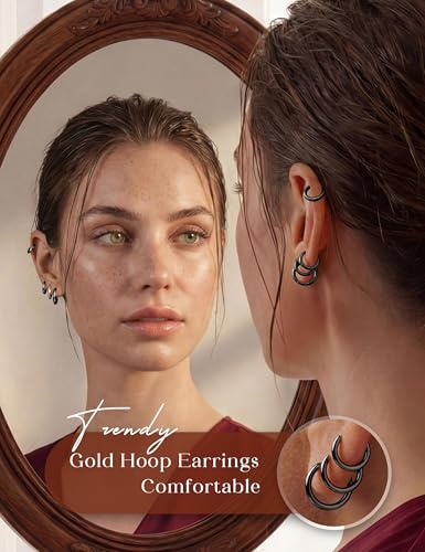Tungary Small Gold Hoop Earrings for Women Huggie CZ Hoops Earring Stacks | Hypoallergenic Earing Hoops for Sensitive Ears, Earrings Stack Set for Cartilage, Secure Clasp, Silver/Black/14K Gold Plated - color: Black-Plain & CZ Huggies