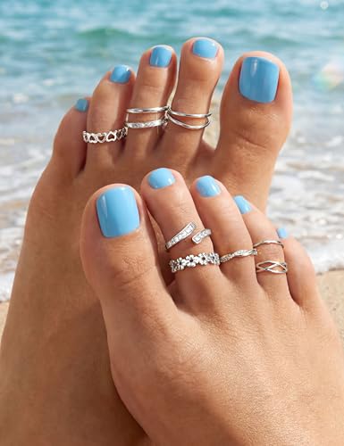 sailimue Gold Filled Toe Rings for Women Non Tarnish Adjustable Silver Ring | 9Pcs 14K Gold Filled Toe Rings Waterproof Summer Beach Foot Jewelry Hypoallergenic Stacking Band Stackable Ring - color: Silver