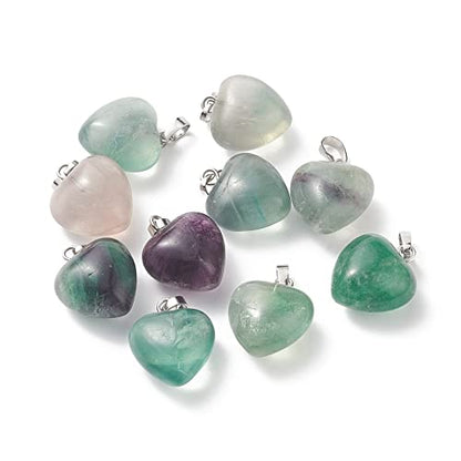 10Pcs Heart Stone Charm Pendants Natural Fluorite Gemstone Pendants with Platinum Brass Loops for DIY Necklace Keychains Earring Crafts Supplies - color: Fluorite