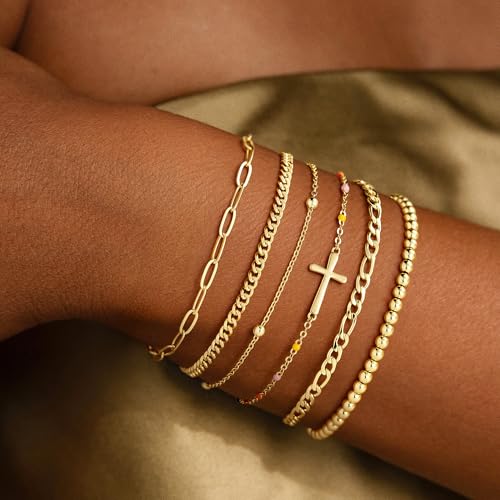M MOOHAM Gold Bracelets Set for Women No Tarnish | 14K Gold Plated, Dainty Stackable Bracelets Stack for Women, Herringbone Paperclip Rope Cuban Chain Bracelet Set Stack - color: 5.Cross Beaded Set