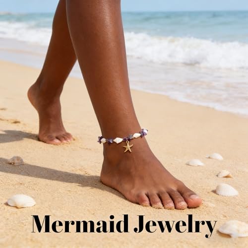 Waterproof Starfish Shell Bead Anklets Bracelets for Women Bohemian Hawaiian Beach Crushed Stone Bead Anklet Summer Mermaid Outfit Costume Jewelry Accessories - color: Purple
