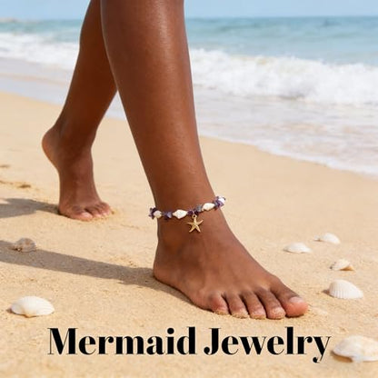 Waterproof Starfish Shell Bead Anklets Bracelets for Women Bohemian Hawaiian Beach Crushed Stone Bead Anklet Summer Mermaid Outfit Costume Jewelry Accessories - color: Purple