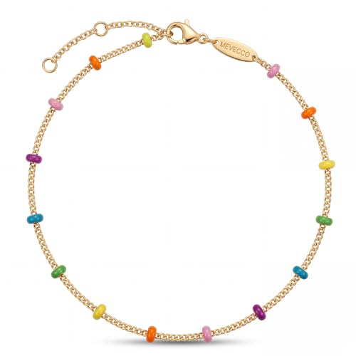 MEVECCO Anklet for Women Gold Chain 14K Gold Plated Dainty Boho Beach Summer Simple Foot Jewelry Ankle Bracelet - style: Enameled Multicolor Ball