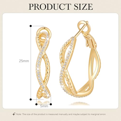 Gold Hoop Earrings for Women 14K Gold Earrings for Women | Twist CZ Gold Hoop Earrings 14K Gold Hoop Earrings Hypoallergenic Lightweight Gold Hoop Earrings for Women 20/25/30/40/50mm - size: 25MM