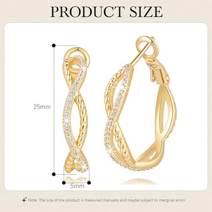 Gold Hoop Earrings for Women 14K Gold Earrings for Women | Twist CZ Gold Hoop Earrings 14K Gold Hoop Earrings Hypoallergenic Lightweight Gold Hoop Earrings for Women 20/25/30/40/50mm - size: 25MM