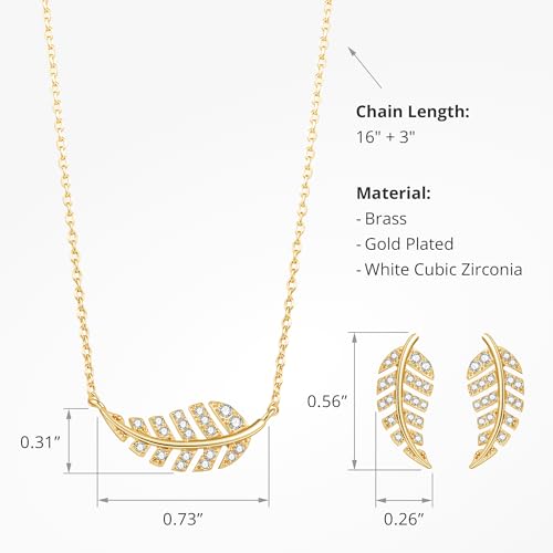 COBI Jewelry Set for Women, 18K Gold & Rhodium Plated CZ Necklace & Earrings, Clover Halo Infinity Solitaire Feather Designs, Dainty Crystal Pendant Sets, Trendy Fashion Gifts for Her - style: Feather