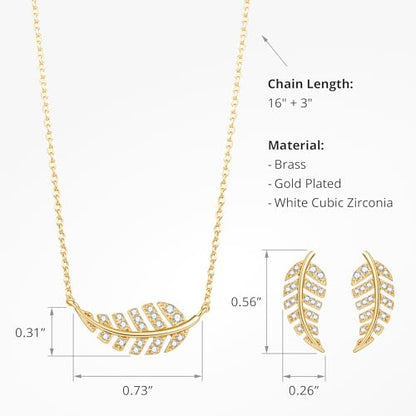 COBI Jewelry Set for Women, 18K Gold & Rhodium Plated CZ Necklace & Earrings, Clover Halo Infinity Solitaire Feather Designs, Dainty Crystal Pendant Sets, Trendy Fashion Gifts for Her - style: Feather