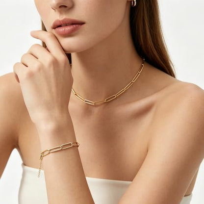 Exway 10 Pcs Paperclip Charm Bracelets Chain 8.0 Inch Stainless Steel Gold Chain Bracelets Kit with Lobster Clasps for Crafts DIY Women Jewelry Making - color: gold style B, size: 8.0in