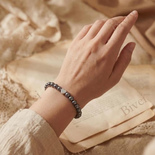 Bivei Crystal Stretch 6mm Bracelets for Women | Handmade Natural Stone Beaded Stretch Bracelet, Stainless Steel Heart Bead, Tranquility Yoga Gift Jewelry for Women - color: Hematite - Grounding