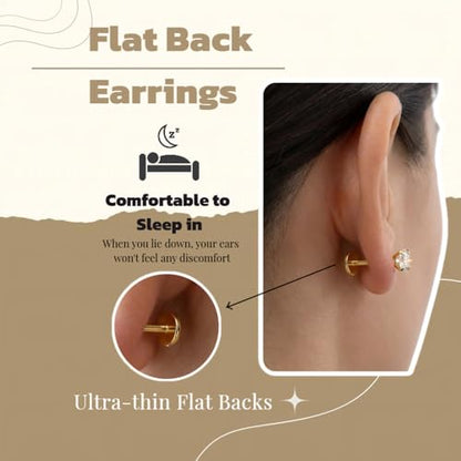 TOPBRIGHT 18G Surgical Steel Internal Thread Flat Back Stud Earrings - Hypoallergenic 14K Gold Plated Tragus/Helix/Nose/Conch/Medusa/Lip Piercing Jewelry for Women & Men