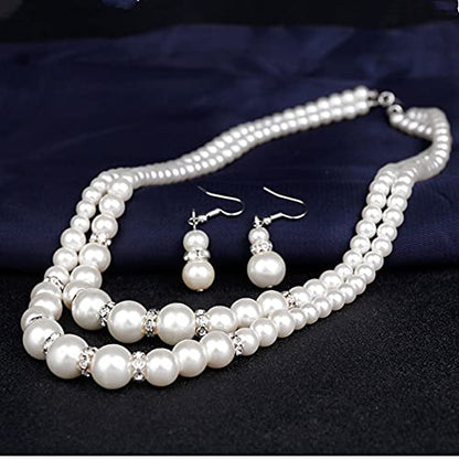 COLORFUL BLING 1920s Classic Faux Pearls Necklace Multi-Layer Strand Bracelet Dangle Earrings Set Beads Accessories Wedding Costume Party Jewelry for Women - color: White 1