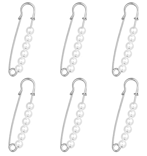 6Pcs Silver Brooch Pins for Women, Imitation Pearl Pin, Sturdy Fashion Pearl Brooch Pins for Clothes Hats Bags Daily Decoration(2.95 in)