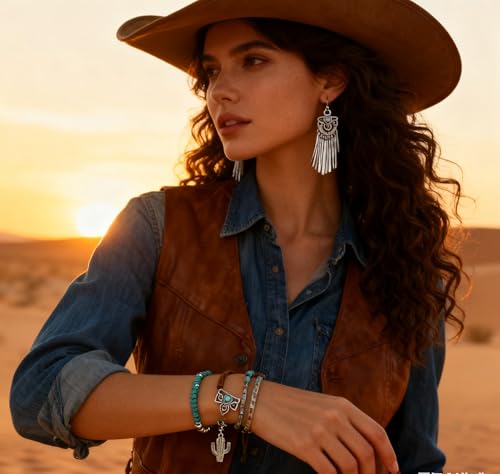 LOTSOF Western Turquoise Beaded Bracelet, Chic Stack Beaded Western Style for Country Concerts, Cowgirl Outfits & Boho Jewelry - color: Cactus 4-piece set