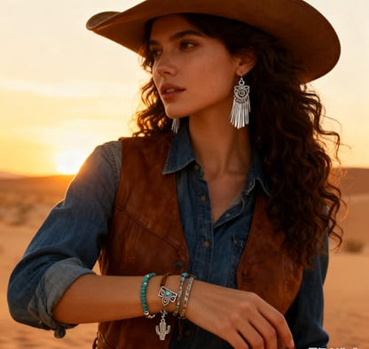 LOTSOF Western Turquoise Beaded Bracelet, Chic Stack Beaded Western Style for Country Concerts, Cowgirl Outfits & Boho Jewelry - color: Cactus 4-piece set