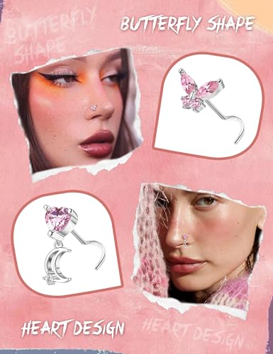 Sanfenly 12 PCS 20G Nose Rings Surgical Stainless Steel, L Shaped Nose Studs for Women Men, CZ Heart Butterfly Flower Leaf Moon Dangle Cute Nose Piercings Studs Screw Jewelry Pink/Purple/Blue/Clear - color: Screw Pink