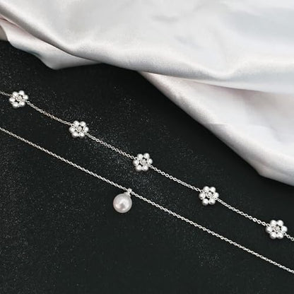 OGD Gold Pearl Necklace Set for Women 14K Plated Layered Daisy Choker Gift - color: 2PCS-Daisy Pearl-Silver