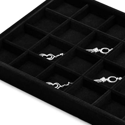 Black Velvet 24 Grid Divided Jewelry Display Organizer Tray | Soft black velvet 24-grid divided tray with sturdy base, stackable storage for small jewelry, home vanity & retail display - size: 24 Grid
