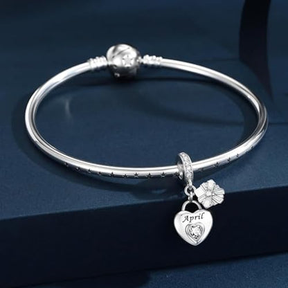 Love Heart Birthstone Dangle Charms Compatible with Pandora Bracelets | 925 Sterling Silver 5A Cubic Zirconia Mother's Day Christmas Birthday Birthstone Gifts Bead Charm Pendants Women Jewelry - color: April Dangle Birthstone Charms
