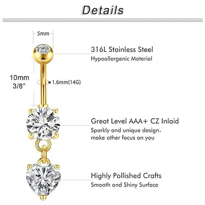 QWALIT Belly Button Rings 14G Surgical Steel Belly Rings CZ Opal Navel Piercing Jewelry for Women Girls 3/8" 10mm Silver Rose Gold - color: A17-3pcs-gold