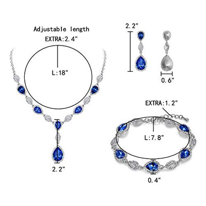 EleQueen Women's Wedding Bridal Jewelry Sets for Brides Bridesmaids, Cubic Zirconia Teardrop Necklace Tennis Bracelet Dangle Earrings Jewellery Set - color: 02-Sapphire Color Clear-Tone