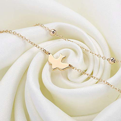 Dainty Gold Bracelets for Women, 14K Gold Plated Adjustable Layered Beads Bracelet Cute Evil Eye Oval Chain Pearl Bar Turtle Gold Bracelets for Women Jewelry - style: Dove&Beads Chain