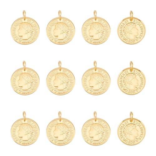UNICRAFTALE 12pcs Stainless Steel Coin Pendant Republique Francaise 1808 Metal Pendant Flat Round Charms Coin Dangle Medallion Charm for DIY Jewelry Making - color: Golden