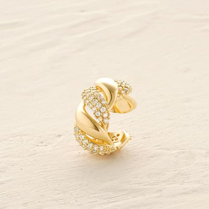 Women Ear Cuff Earrings Gold Non Pierced Cartilage Clip on Open Wrap Twist Hoop 14K Gold Plated Simple Hypoallergenic Everyday Jewelry - style: Station