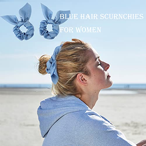 Ondder Hair Scrunchies with Bow Ribbon, Blue Elastic Pony Tails Hair Ties for Women and Girls, 15 Pcs - color: Blue