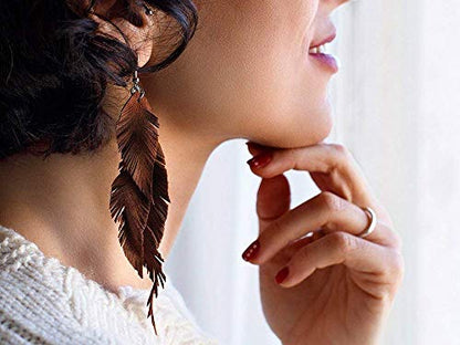 Leather Feather Earrings, Suede layered earrings, boho wedding jewelry, summer earrings, gift for her, dangle earrings - color: dark brown