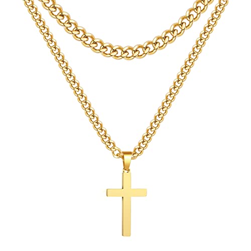 Zocomi Cross Necklace for Men Boys, Stainless Steel Layered Cuban Link Herringbone Chain Cross Pendant Christian Fashion Jewelry Gifts 16-24 Inches - color: Gold, size: 22inch/24inch, style: Cuban+Cuban