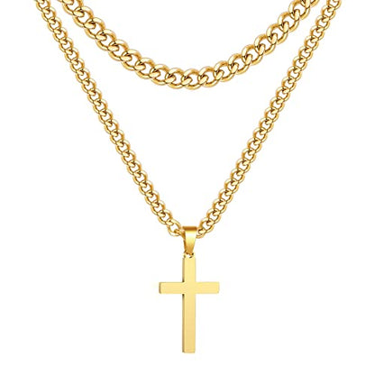 Zocomi Cross Necklace for Men Boys, Stainless Steel Layered Cuban Link Herringbone Chain Cross Pendant Christian Fashion Jewelry Gifts 16-24 Inches - color: Gold, size: 22inch/24inch, style: Cuban+Cuban
