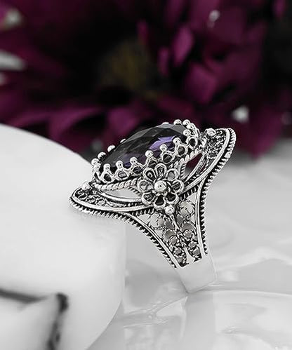 Filigranist 925 Sterling Silver Handcrafted Filigree Art Flower Pattern Woman Oval Statement Ring, Gift Boxed - color: Amethyst
