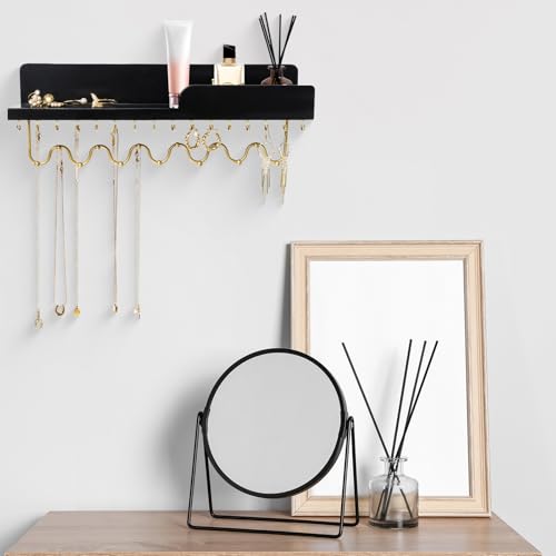 Hanging Jewelry Organizer with 29 Hooks and Cosmetics Shelf, Modern Wood Wall Mounted Jewelry Holder for Necklaces, Bracelets, Earrings and Rings, Black - color: Black