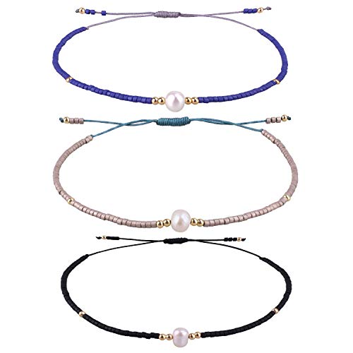 KELITCH 3 PCS Natural Pearls Bracelets Women Strand Thin Rope Friendship Bracelets Handmade Stack Charm Bracelets - color: Blue Black Grey 02H