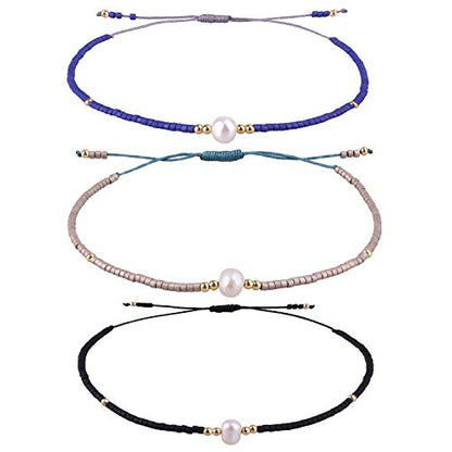 KELITCH 3 PCS Natural Pearls Bracelets Women Strand Thin Rope Friendship Bracelets Handmade Stack Charm Bracelets - color: Blue Black Grey 02H