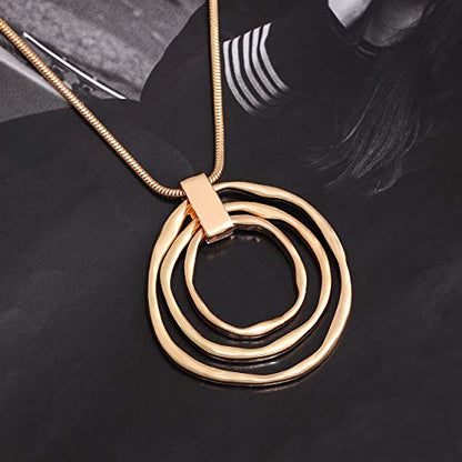 NVENF Long Sweater Chain Double Circle Pendant Necklace Bold Snake Chain Women Statement Necklace - color: E Gold triple