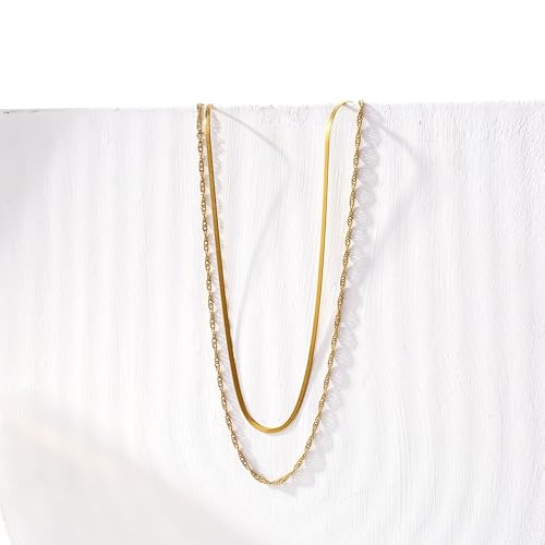 CONRAN KREMIX Waterproof Gold Necklace Layered Necklaces for Women Non Tarnish,14k Gold Plated Stainless Steel Dainty Stack Thin Chain Necklace Set for Women Gifts Jewelry - color: Gold-04