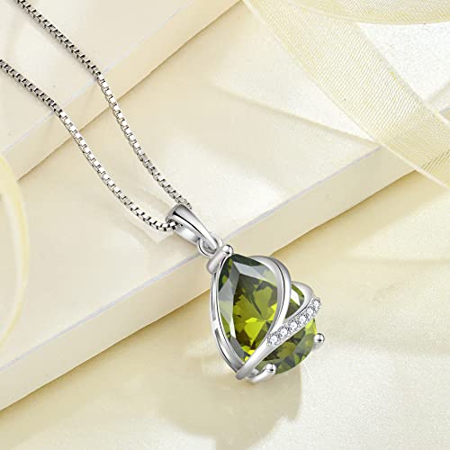 Birthstone Pendant Necklace 925 Sterling Silver Teardrop Jewelry for Women - color: Olive Green