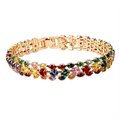 1PCS Bohemian Tennis Bracelet for Women, Golden Plated Copper Colorful Synthetic Zirconia, Elegant Jewelry for Anniversary - color: Gold
